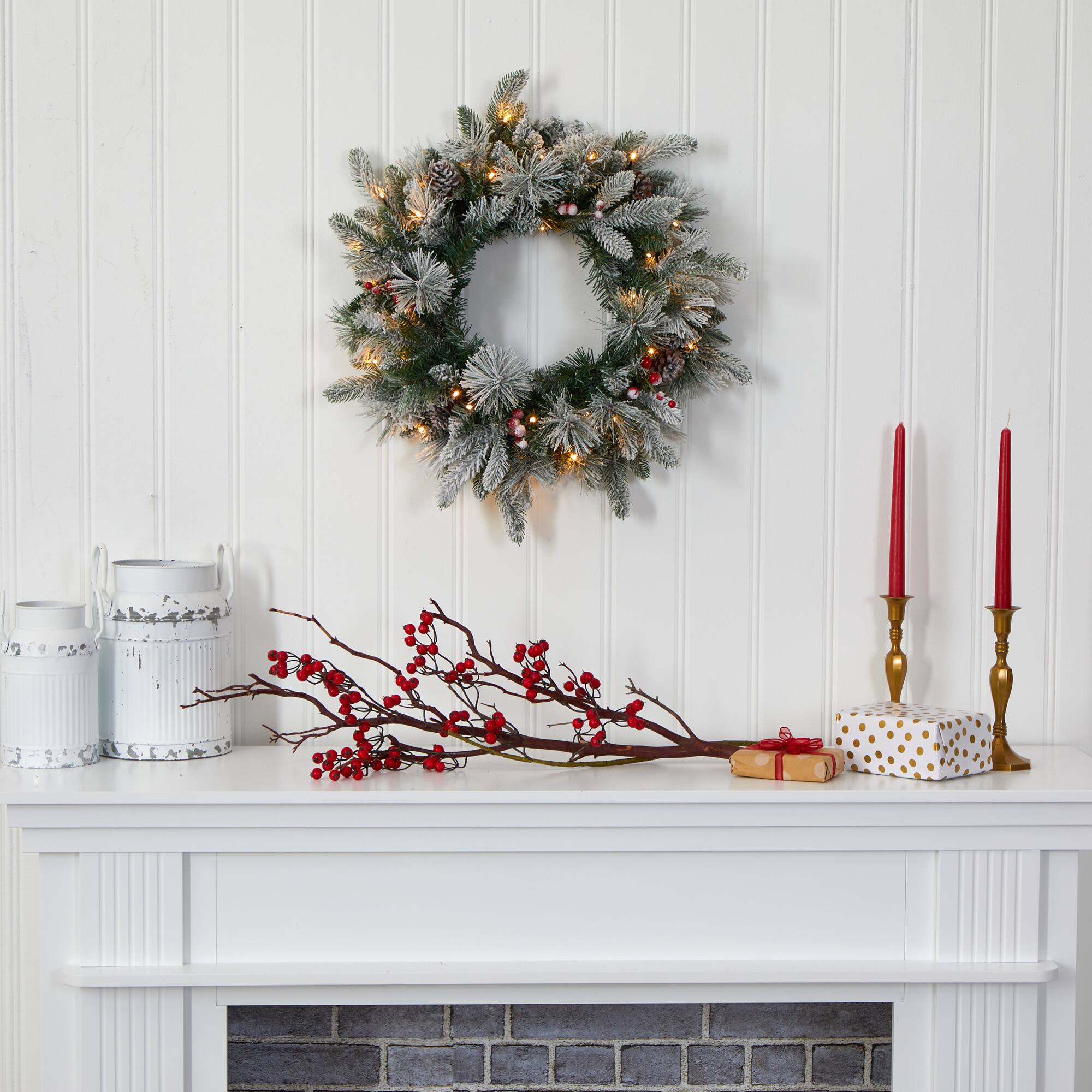 20" LED Flocked Mixed Pine & Berry Artificial Christmas Wreath